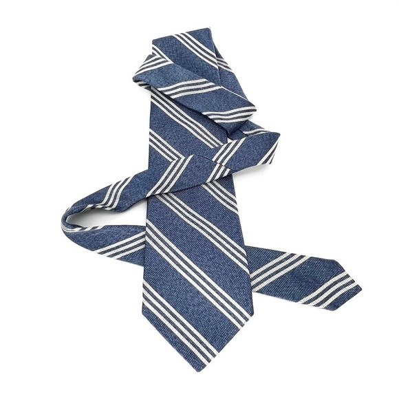 Breuer Men’s Necktie Silk & Cotton Chambray Blue & Cream Triple Striped Tie EUC - Picture 3 of 8